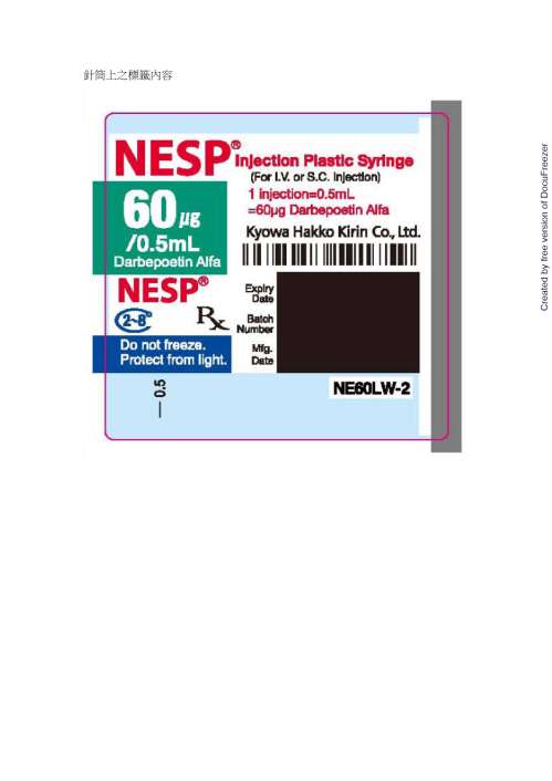 NESP Injection Plastic Syringe 60 mcg/0.5 ml 耐血比注射劑60微克/0.5毫升(1)