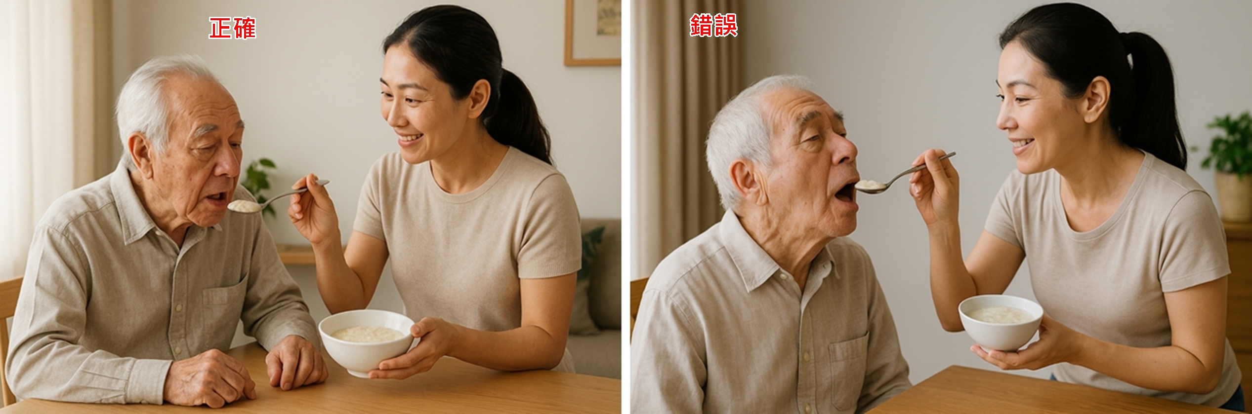 照顧者應採「由下往上」的角度餵食，並遵循「一口少量、慢慢吃」的原則（圖／衛福部臺北醫院提供）