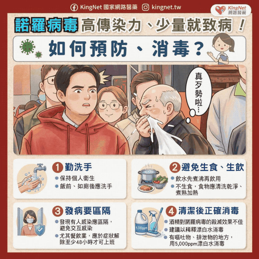 「諾羅病毒高傳染力、少量就致病！ 如何預防＆消毒？」健康懶人包