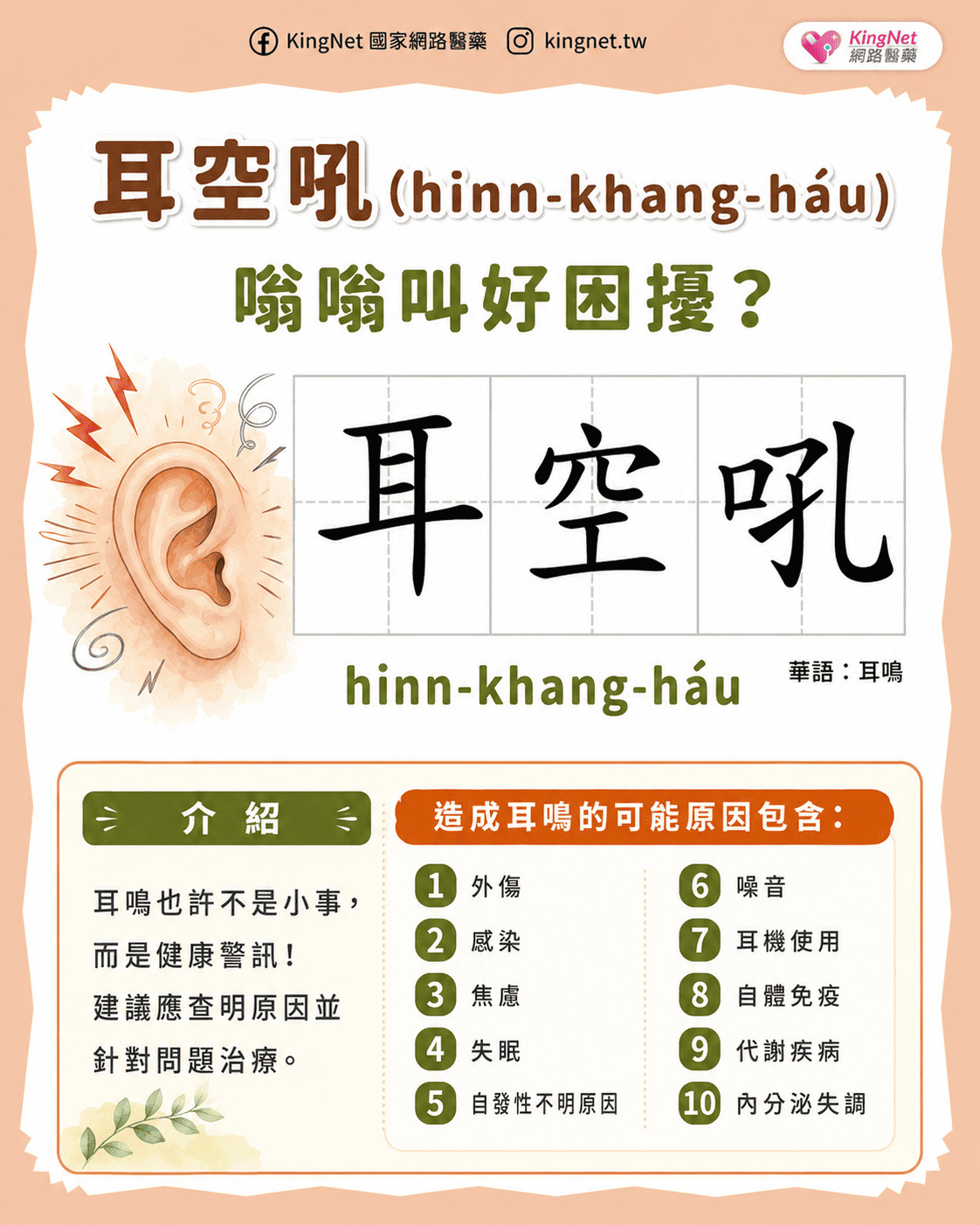 「健康台語小學堂－耳空吼（hīnn-khang-háu，耳鳴）嗡嗡叫好困擾？」健康懶人包